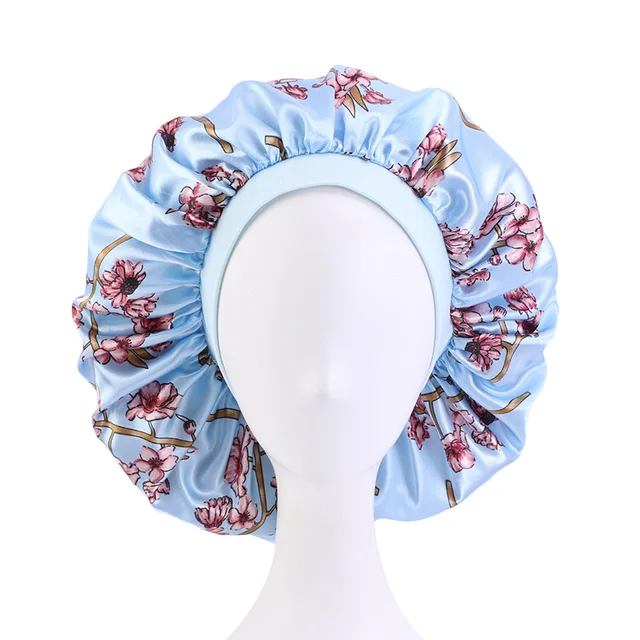 New Women Big Size Beauty print Satin Silky Bonnet Sleep Night Cap Head Cover Bonnet Hat for For Curly Springy Hair Black 408D Sky blue