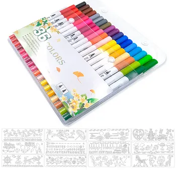 

36PCS Colors Dual-Tip Watercolor Markers Water Coloring Brush Pens + 12PCS Drawing Stencils for Kids Children Adults Artists