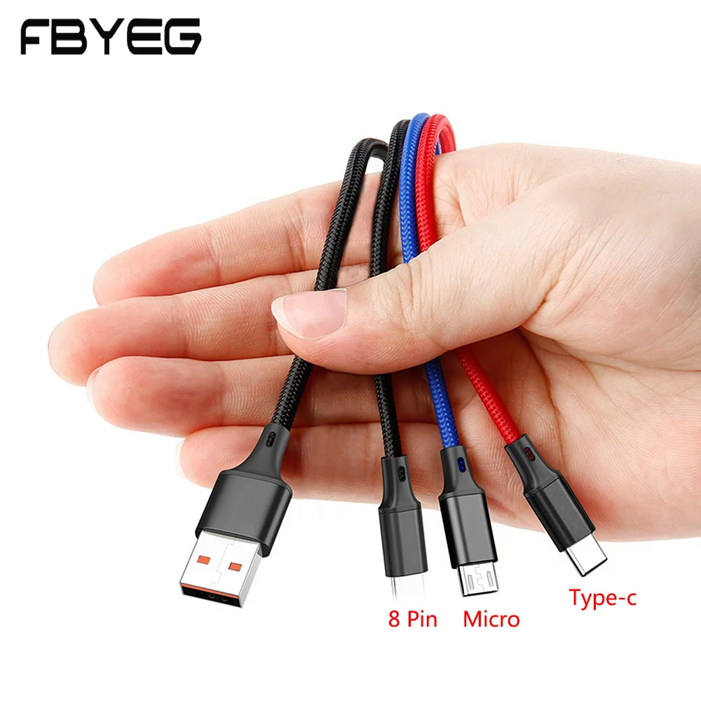 FBYEG 3 в 1 Usb кабель Тип C 8 Pin микро мобильный телефон кабели для IOS X Xs 8 7 6 S9 S8 провод для быстрой зарядки