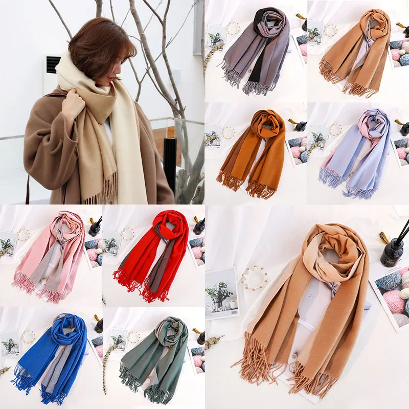 

Luxury Long Shawls Wraps Thick Warm Winter Scarf Tassels Pashmina Cashmere Scarves Head Scarves Double-sided Shawl Solid Color