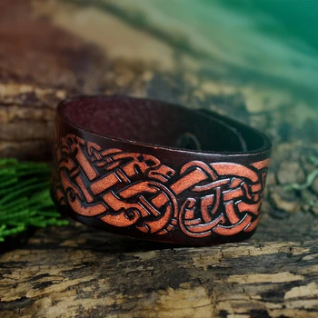 

Nordic Men Women Viking Wolves Bracelet Dyed Leather Norse Odin Wrist Cuff Celtics Knot Wristband Amulet Biker Jewelry
