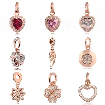 

Rose Gold Pendant Pave Love Interlocked Heart Daisy Crystal Dangle bead Fit Bracelet 925 Sterling Silver Charm Jewelry