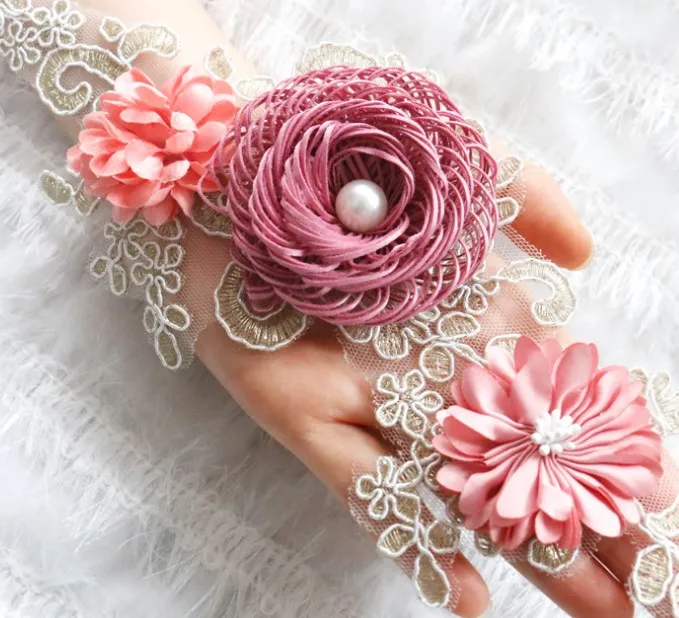 

3D Pink Flower Pearl Lace Applique Trim For Evening Skirt Embroidery Lace Collar Sewing Patch For Clothes Decoration Accessories
