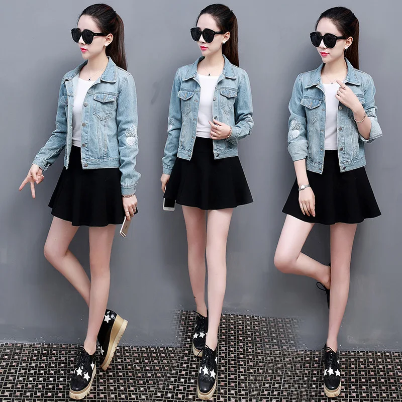 amazing  Jeans Coat Women's Autumn New Style Fold-down Collar Butterfly Flower Embroidered Jacket Versatile 