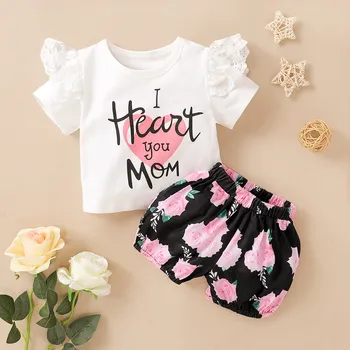 

3M-24M baby sets Infant Baby Girls Short Sleeve Letter Print Tops+Floral Shorts Outfits Set cute Cotton girls clothes
