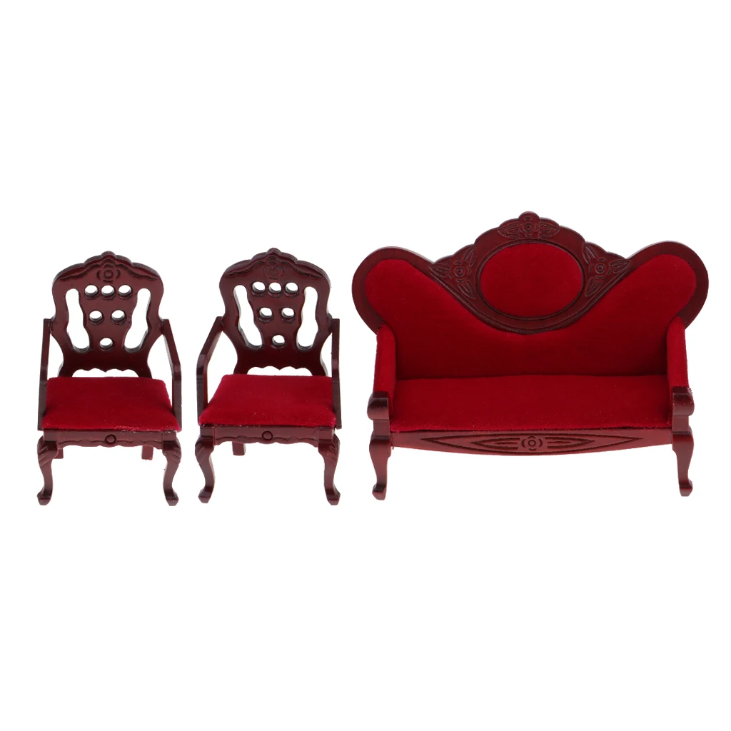 Vintage 1/12 Miniature Velvet Sofa Couch Chair Set for Dolls House Garden Yard Park Any Room Furniture Decor