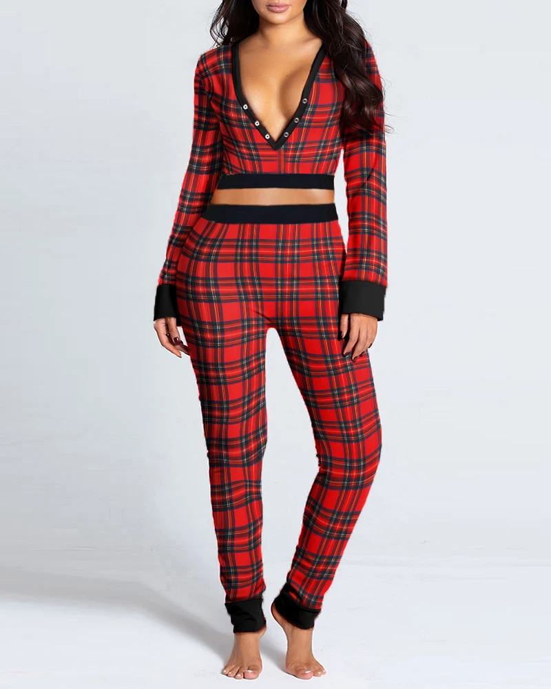 

2021 New Year Christmas Plaid Functional Buttoned Flap Printed Adults Pajamas Suit Sleepwear 2 Pcs Detachable Jumpsuits