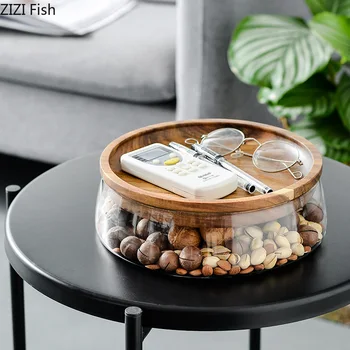 

European Style Glass Candy Storage Box Double Layer Dried Nuts Candy Storage Box with Wooden Lid for Home Food Storage Container