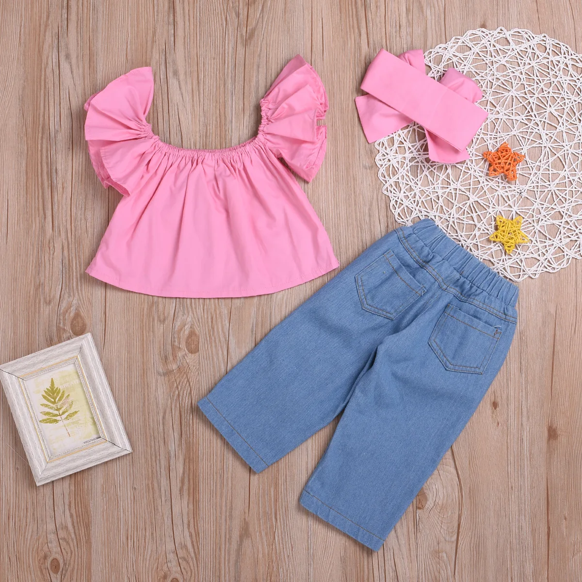 

AliExpress Hot Sales Europe And America Childrenswear Cowboy with Holes Web Pants + Pink Top Headscarf Set