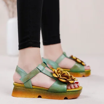 

YourSeason Green Hook & Loop Women Retro Sandals Handmade Flower Casual Concise Ladies Genuine Leather Platform Shoes