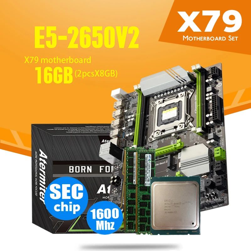 Atermiter X79 Turbo материнская плата LGA2011 ATX Combos E5 2650 V2 CPU 2шт x 8 ГБ = 16 DDR3 RAM 1600 МГц PC3 12800 PCI E NVME