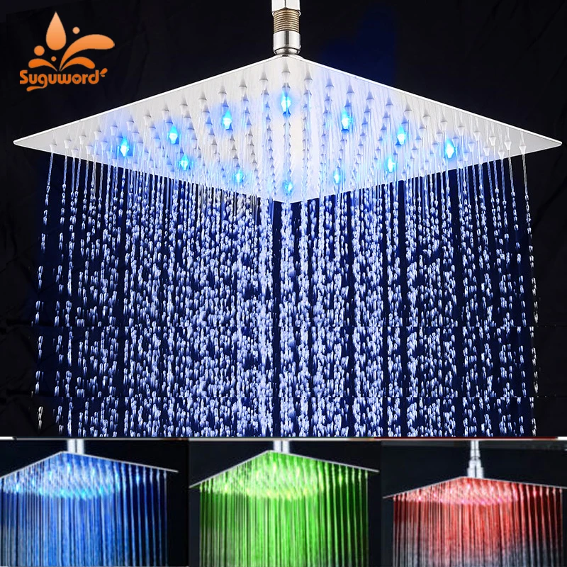 Ultra-thin LED Rainfall Bathroom Shower Head without Shower Arm 3 Colors Changing with Temp Water Saving