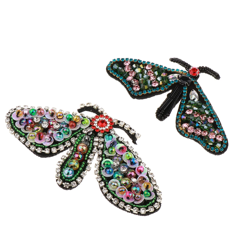2Pcs Handmade Beaded Sequin Crystal Dragonfly Design Patches Badge Applique Clothing Bags Decorated Sewing Accessories