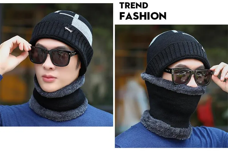 Men Winter Hat And Scarf Man Warm Knitted Plush Hat 2 Pcs Set Male Patchwork Beanies Cap With Ring Scarves Adult Accessorie