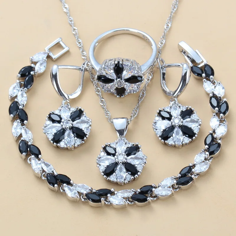 

Original Brand Design Unique Black CZ 4PCS Dangle Earrings Bracelet And Ring 925 Sterling Silver Women Fashion Jewelry Sets