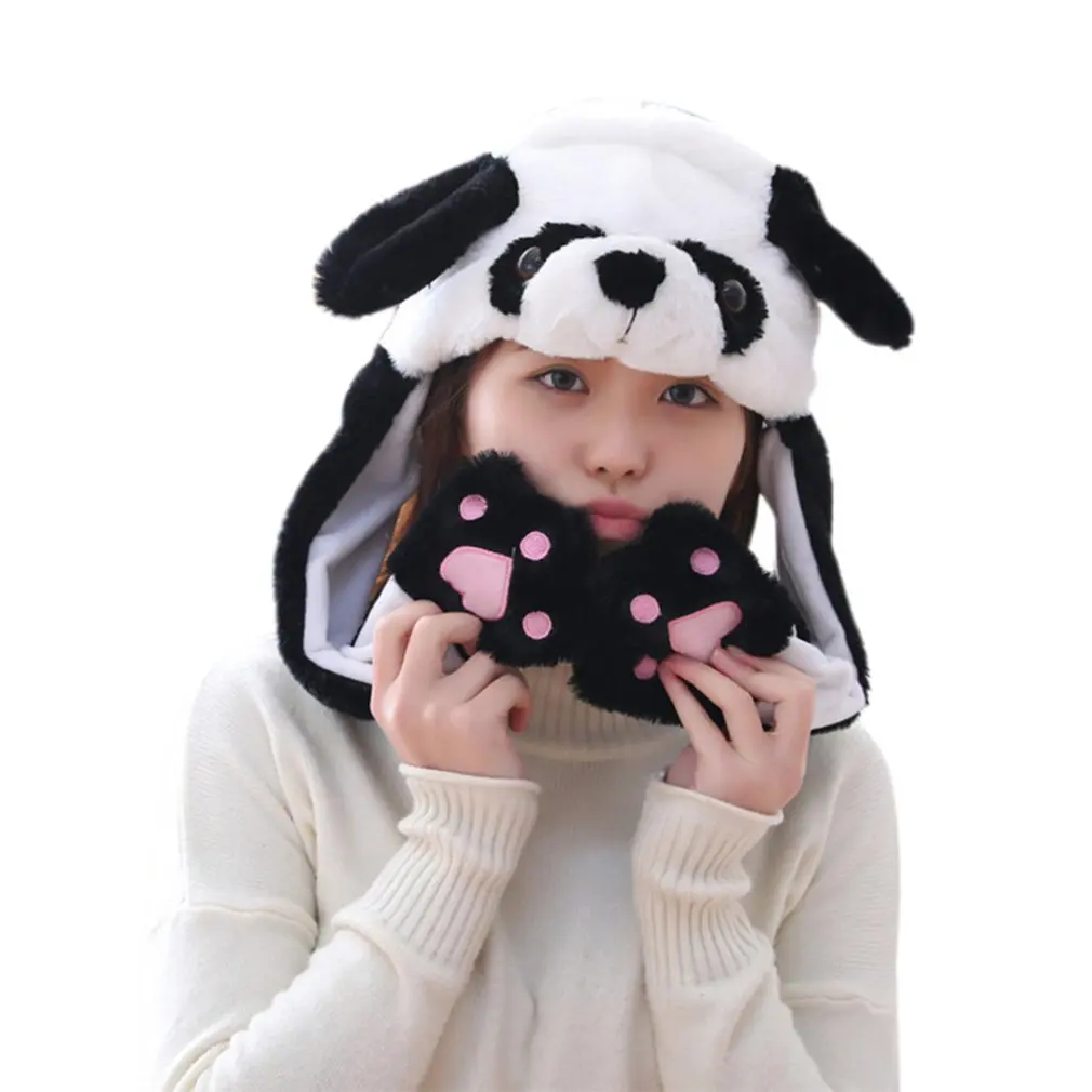 Шапки для прыжков с ушками животных для девочек; Детские и женские теплые плюшевые зимние шапки с кроликом; забавные детские шапки с милым кроликом и пушистой подушкой безопасности - Цвет: Panda
