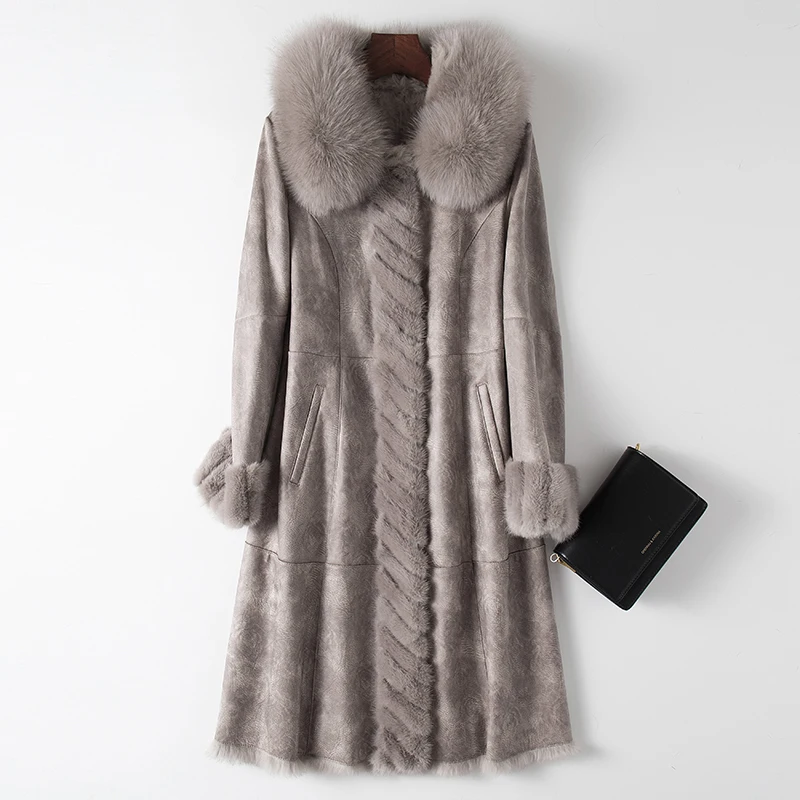 Gray Natural Rabbit Fur Coat Female Vintage Real Fox Mink Fur Collar Jacket Women Clothes Korean Streetwear Shearling Coats 1113 - Цвет: Gray