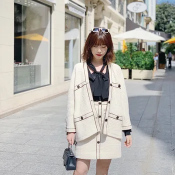 

Women Coat 2019 Autumn / Winter Tweed V-neck Color Matching Wild Women's Cardigan Coat
