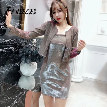 

FANIECES 2019 New autumn Women Sparkling Long Sleeve Jacket + Sexy Sling slim Dress Two piece suit lady Party Sexy Club dresses