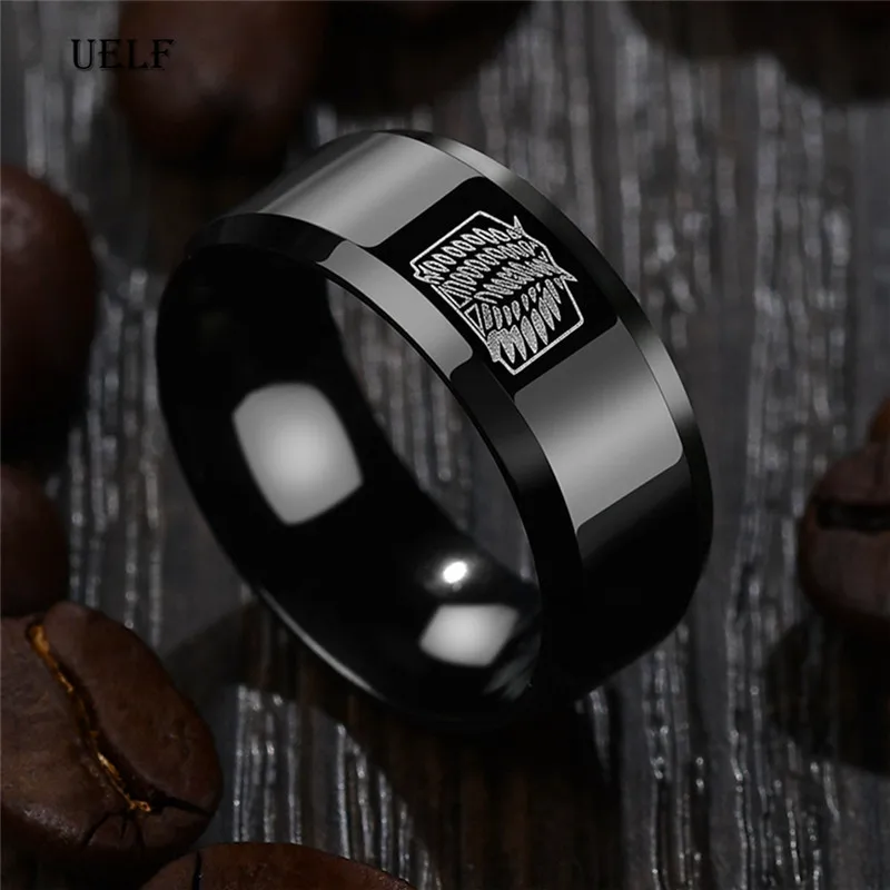 Anillos de titanio Uelf con diseño de ataque a los Titanes, anillos de dedo con diseño de bandera de alas de la libertad para seguidores del Anime
