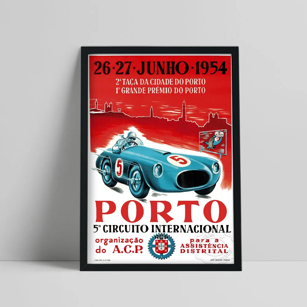 

1955_porto_internationale_curcuit Motor Racing Poster, Red Background Blue Racing Art Prints, 5 Circuito Internacional Art Decor