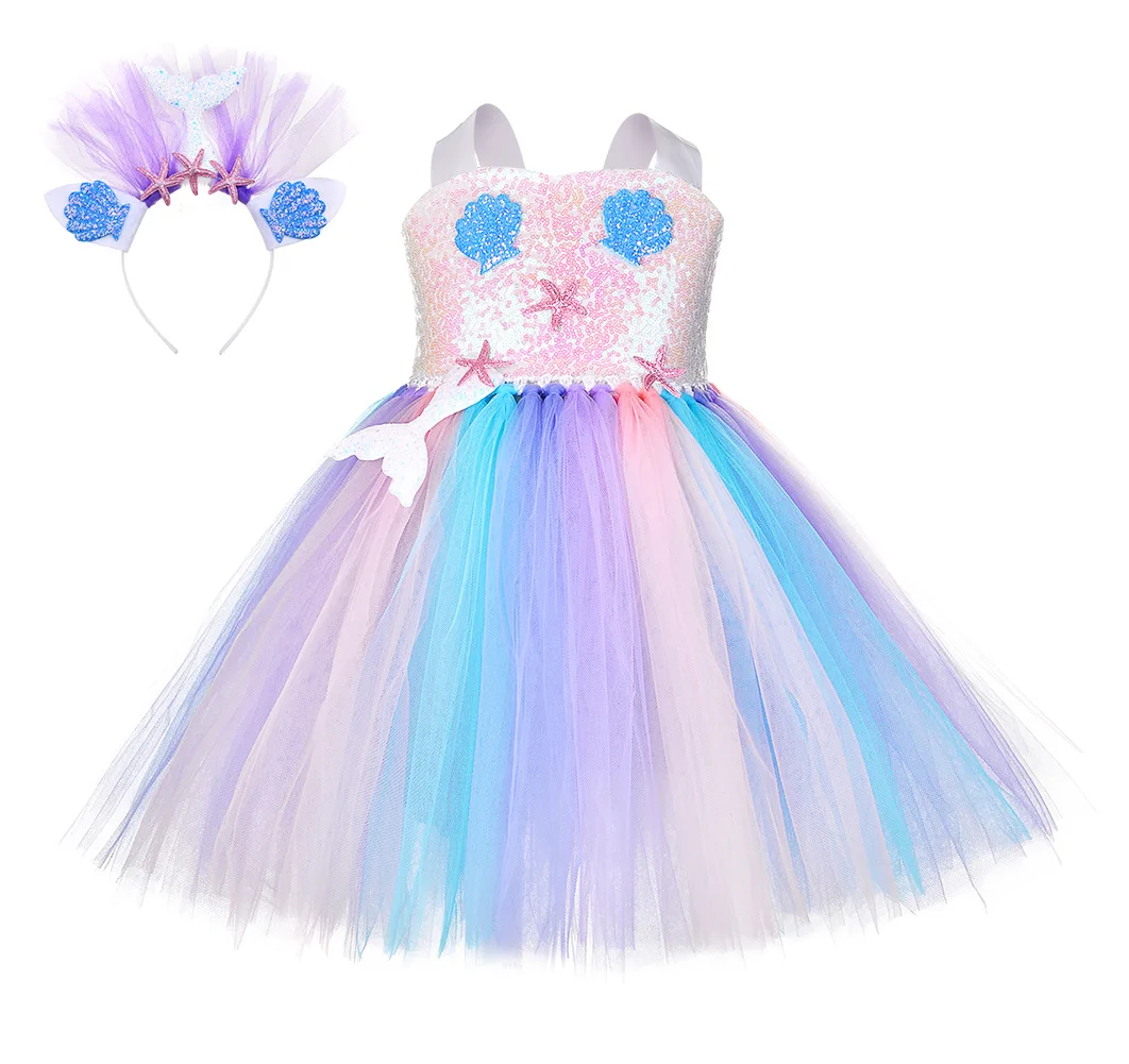 

Fish Themed Party Set 2020 Spring Summer Fashion Children's Clothing Dress Sequins Shell Starfish Mesh Princess Dresses