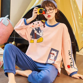 

Large size M-2XL women's pajamas set 2020 spring new full-length cotton long sleeve comfortable pajamas loose casual women's