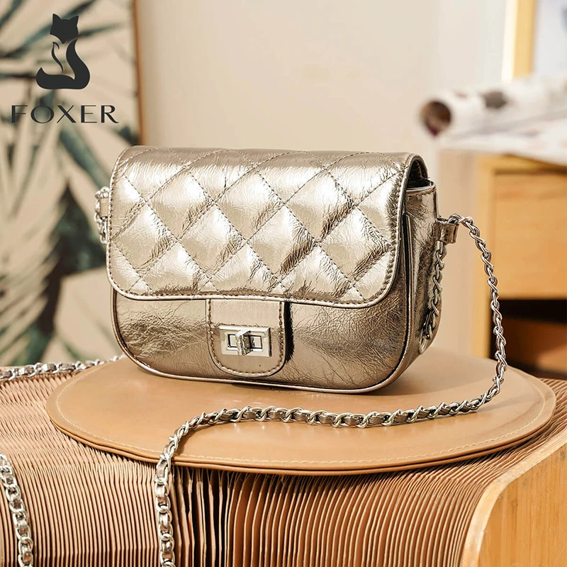 

FOXER Fashion Occident Style Lady Cross body Bag Genuine Leather Hot Girl Evening Shoulder Bags Brand Classic Women Lattice Bag