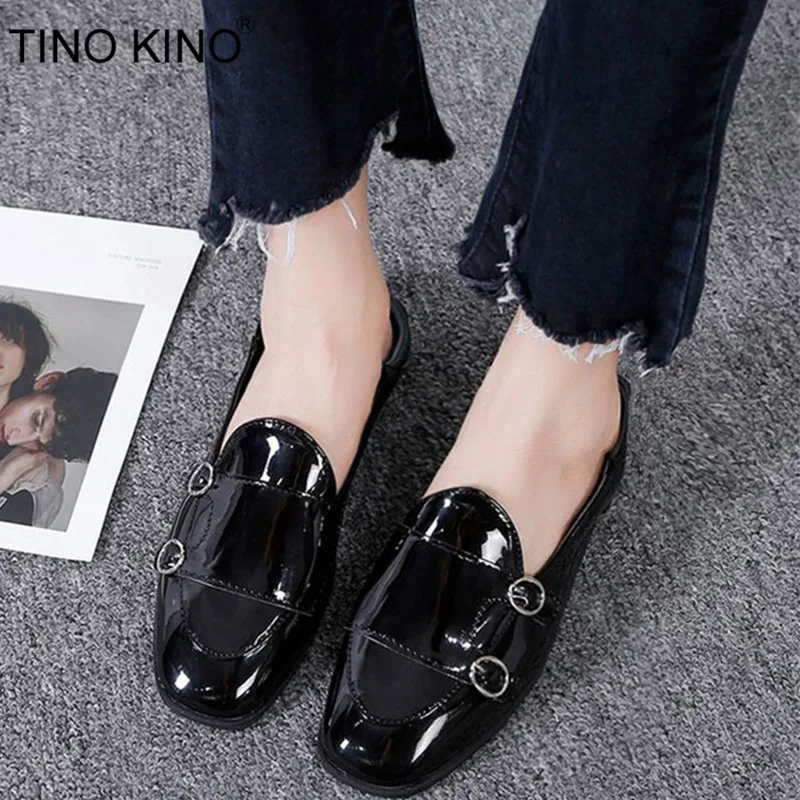 

TINO KINO Women Slip On Oxford Solid Low Heels Buckle Pumps Female Patent Leather Elegant Square Toe Fashion Casual Shoes Autumn