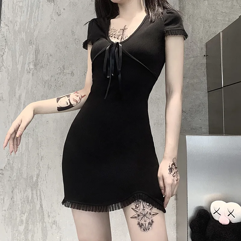 

Black Sexy High-waisted Stitched Tie Dress Women 2020 Fashion Lace A-word Skirt Girl, Woman Dress