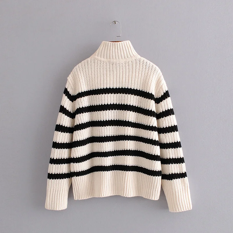 Skup Moda Za kobiety swetry 2019 w stylu vintage, w paski przyciski udekoruj sweter z golfem z długim rękawem dzianinowe swetry sweter panie