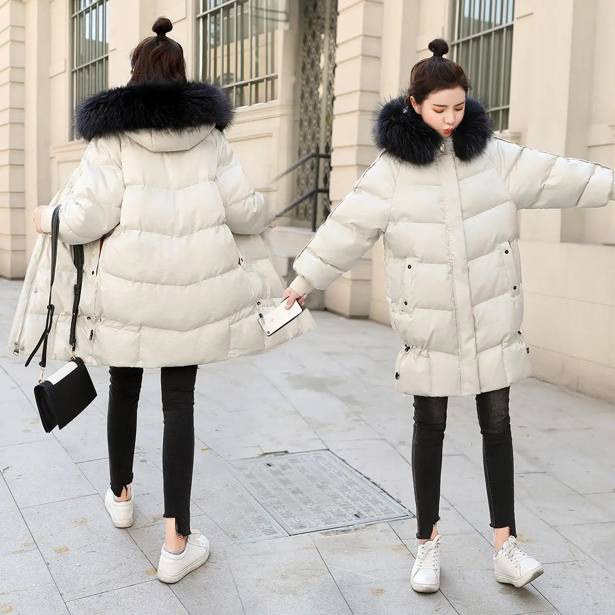 

2018 New Style Winter Korean-style Hooded Large Fur Collar Black And White with Pattern Cotton-padded Jacket Women's Mid-length