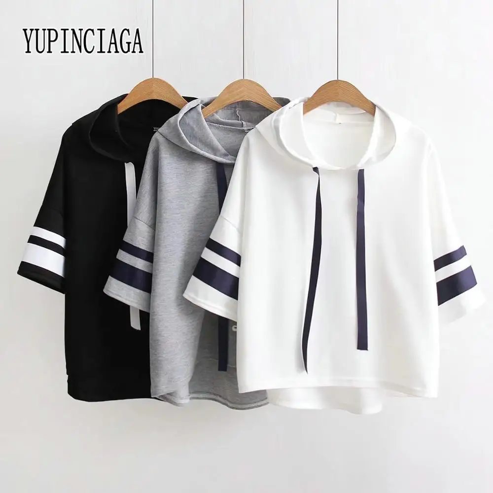 

YUPINCIAGA Women Webbing Short Sleeves Loose Solid Color Hooded Striped Sleeves Lace-up Pullover T-shirt New Summer T shirt