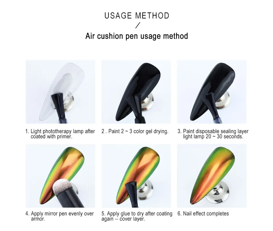 Arte Clavo Air Cushion Magic Powder Pen Mirror UV Gel Chrome Nail Art Glitter Holographic Effect Auroras UV Gel Magic Powder Pen