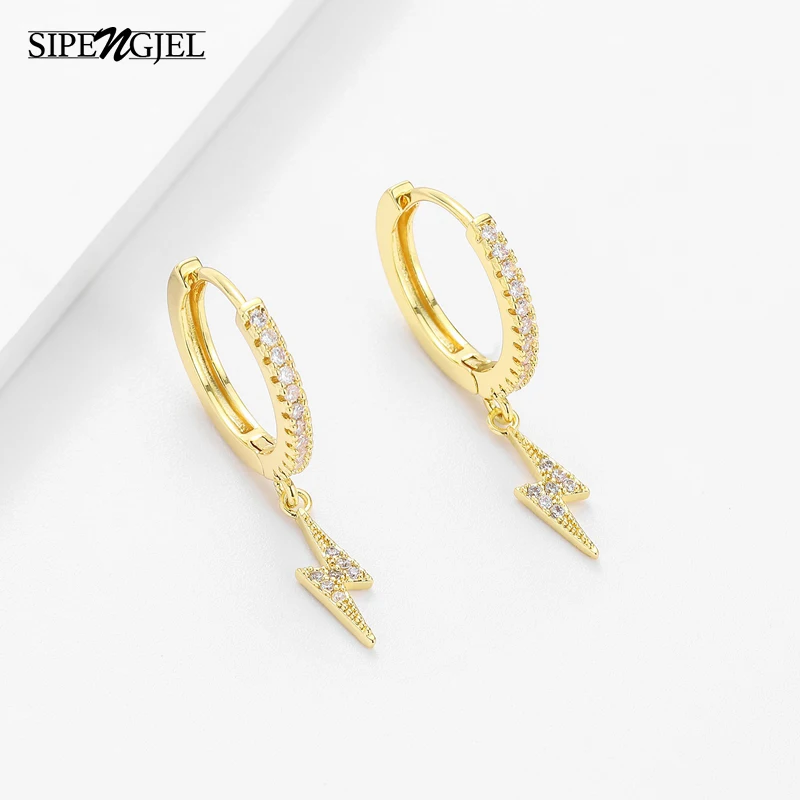 SIPENGJEL Fashion Cubic Zircon Cute Lightning Bolt Hoop Earrings Classic Geometric Women Dangle Earrings For Girls Jewelry 2021