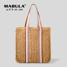 

MABULA Striped Handmade Straw Top Handle Bag Eco Stylish Summer Beach Handbag for Travel Casual Shopper Purses