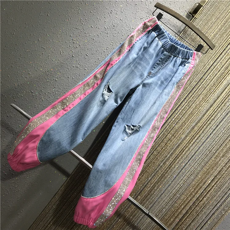 Женские джинсовые шаровары с блестками розовые синие Лоскутные блестящие джинсы мешковатые рваные брюки с эластичным поясом