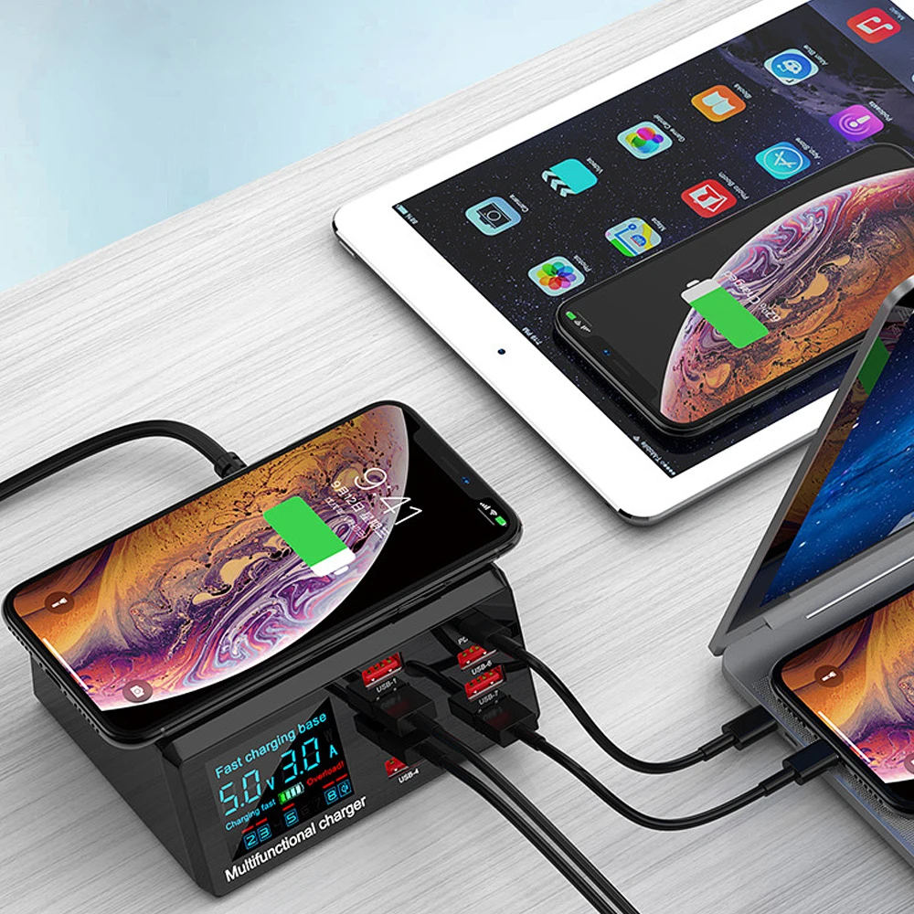 X9 8 Port Wireless USB Charger Quick Charge PD+QC3.0+USB Port Charge Station with LED Display USB HUB for Phone Laptop Tablet
