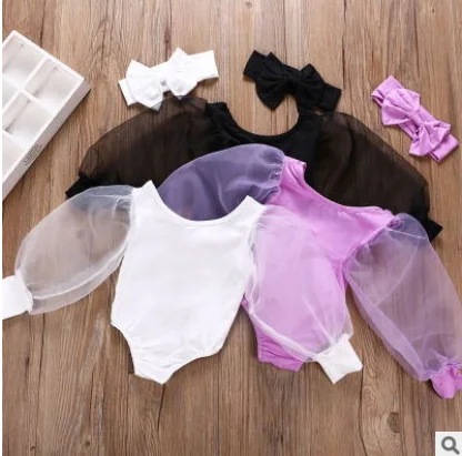 

0-12M Infant Kids Girls Bodysuits Lace Puff Long Sleeve Solid Jumpsuits Clothes Spring Princess Tops For Baby 2 Colors