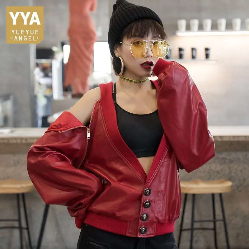 

Hot Sexy Deep V-Neck Off The Shoulder Womens Sheepskin Short Jackets Fashion Single Breasted Genuine Leather Female Slim Coats