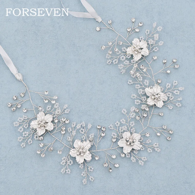 Silver Flower Pearl Headband Bridal Headband Women's Hair Accessories Pearl Rhinestone Headband Wedding Hair Jewelry
