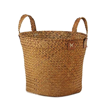 

Natural Round Straw Basket Bin Handmade with Handgrip Orange 33X21X26cm