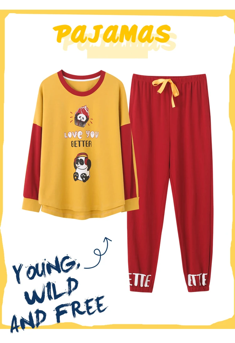 Autumn New Cotton Printing Lapel Top+ Long Pant 2 Piece Sets Pajamas Set For Women Cute Sleepwear Girls Pyjama M L XL XXL