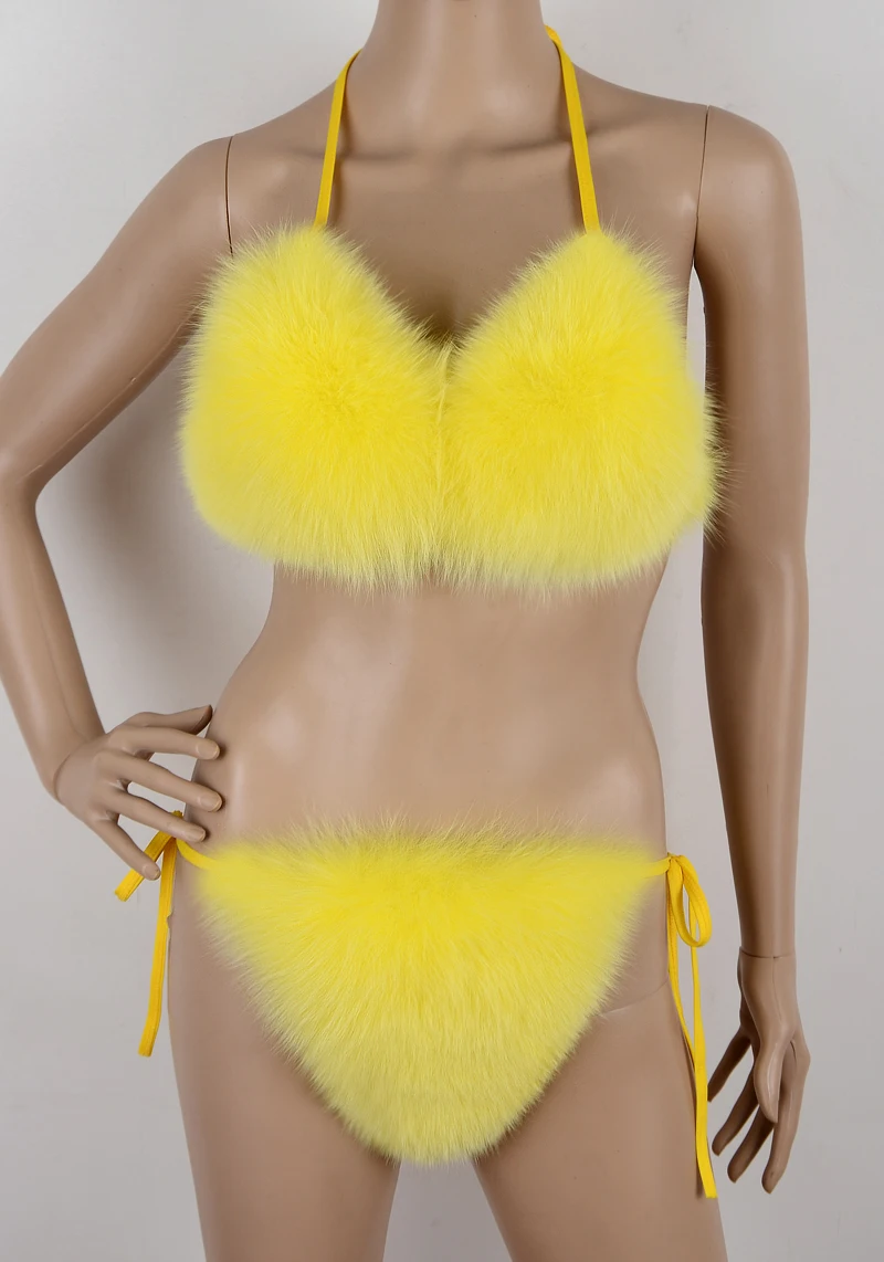 Women Bikini Bra Sets Real Whole Fox Sexy Underwear Fluffy Soft Detachable  Fox Fur