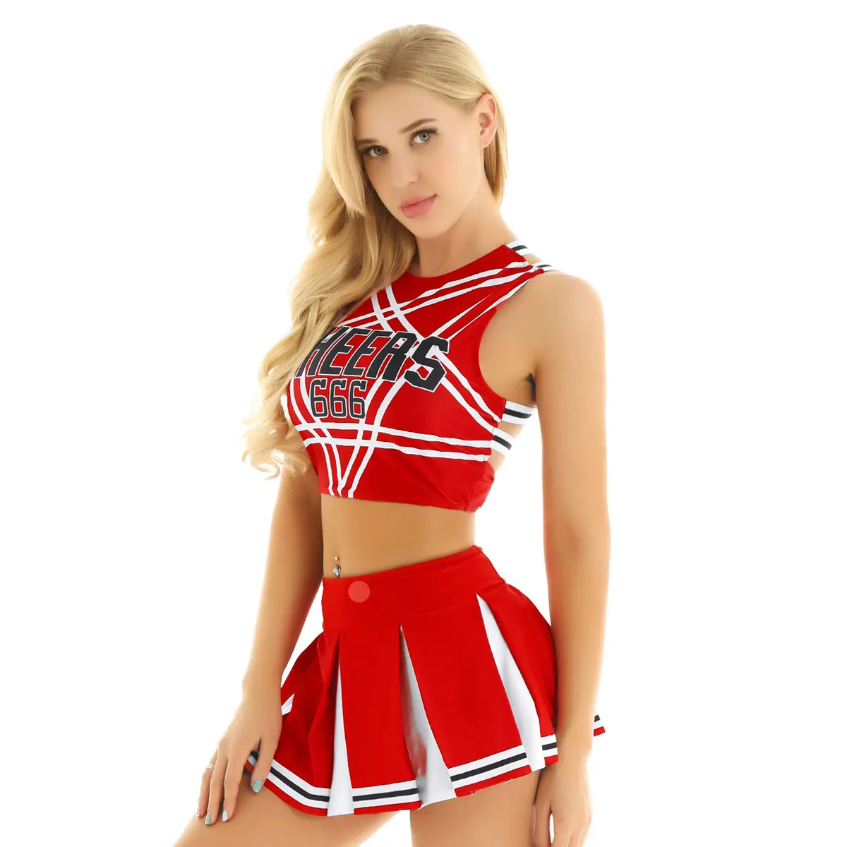 Womens Adult Charming Cheerleading School Girls Cosplay Costume Set Sleeveless Pentagram Back Crop Top with Mini Pleated Skirt