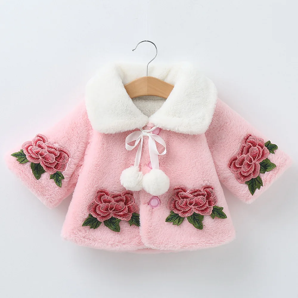 

Rose Ornament Coat For Girls Wool Coat Fleece Long Sleeve Autumn Winter Kids Girls Coat 0-6 Years 2019 New Faux Fur Cloak D30