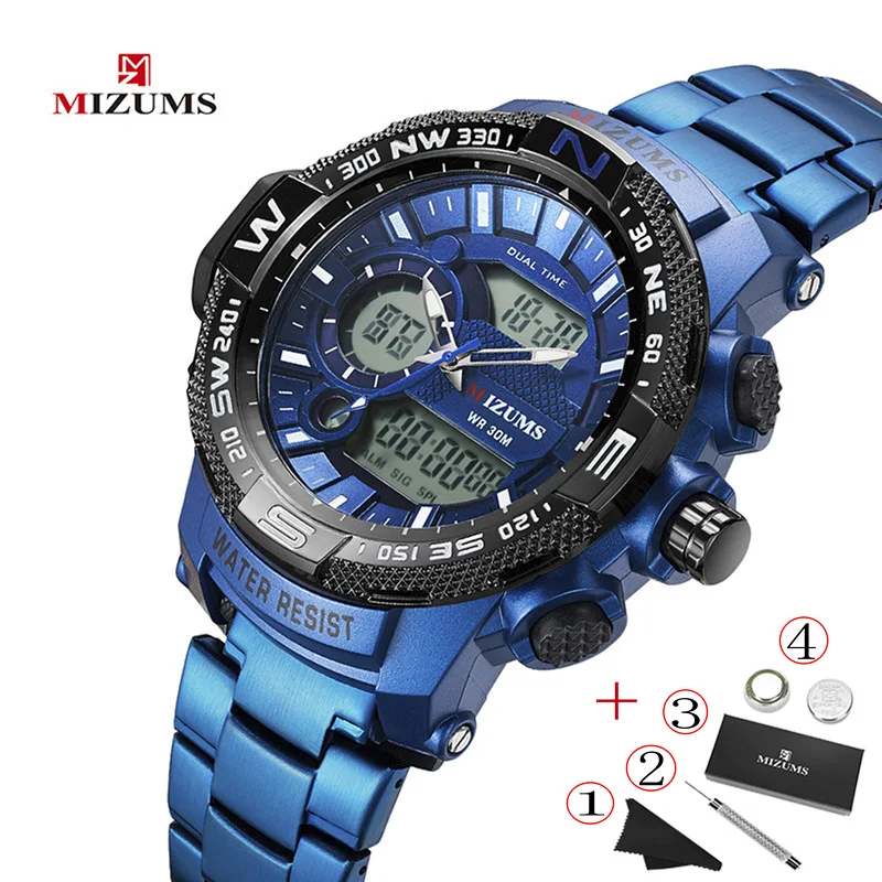 

2020 MIZUMS Top Brand Luxury Mens Sports Watch Blue Digital Personality Male Stainless Steel Waterproof Big Wrist Watch For Men