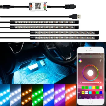

4Pcs LED Strip RGB Light Auto Remote Control Car Interior Floor Decorative Lamp Atmosphere Strips 5050SMD USB Cigarette Lighter