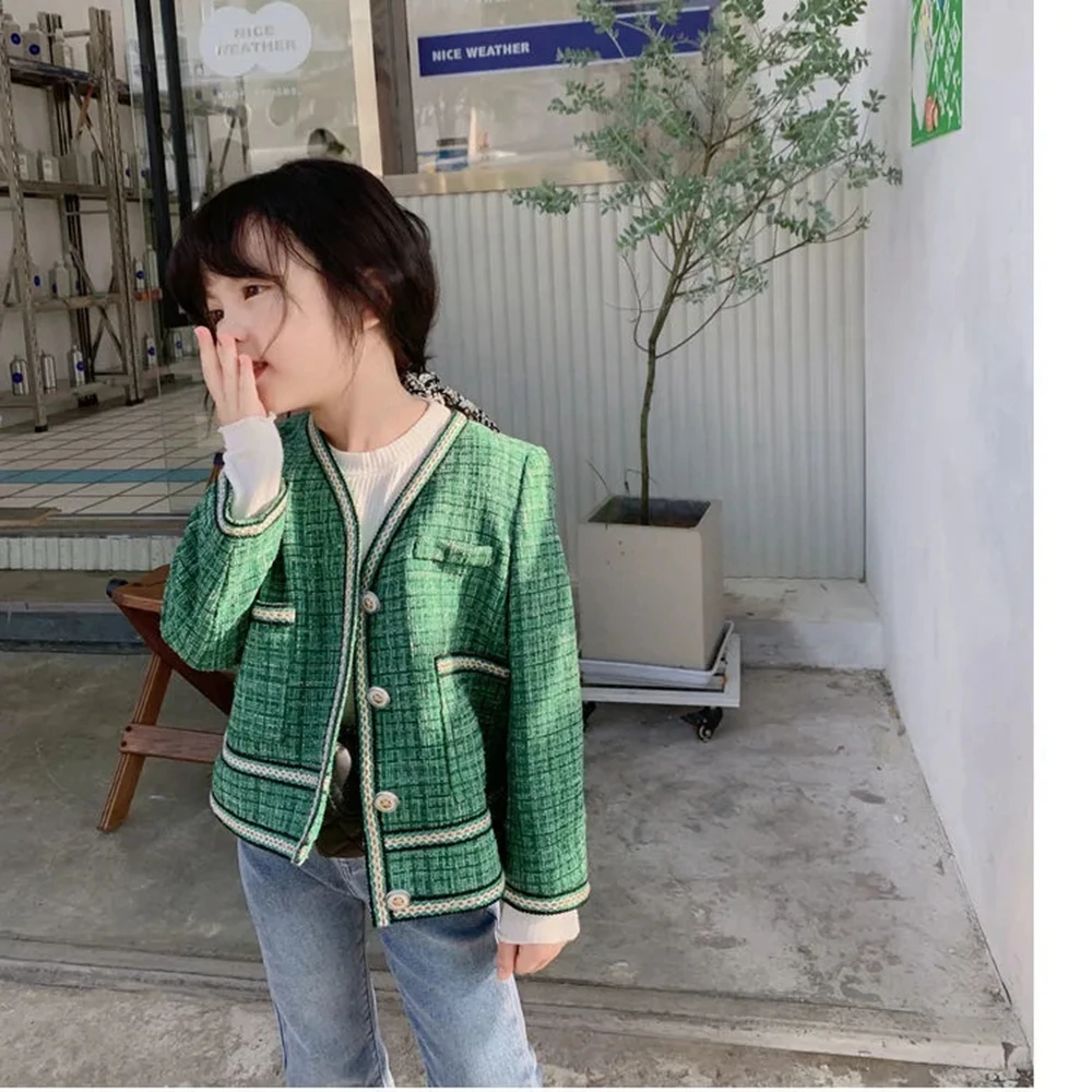 Autumn Spring Children's Clothing 211 Kids Girls V Neck Button Green