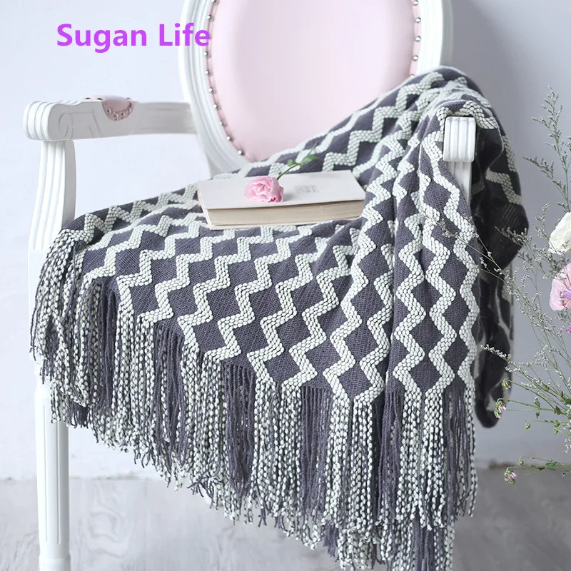 

Knitted Throw Blanket Grey Yellow Black Grey Zigzag Sofa Throw Blanket Tassels Air Condition Blanket Travel Acrylic 120x200cm